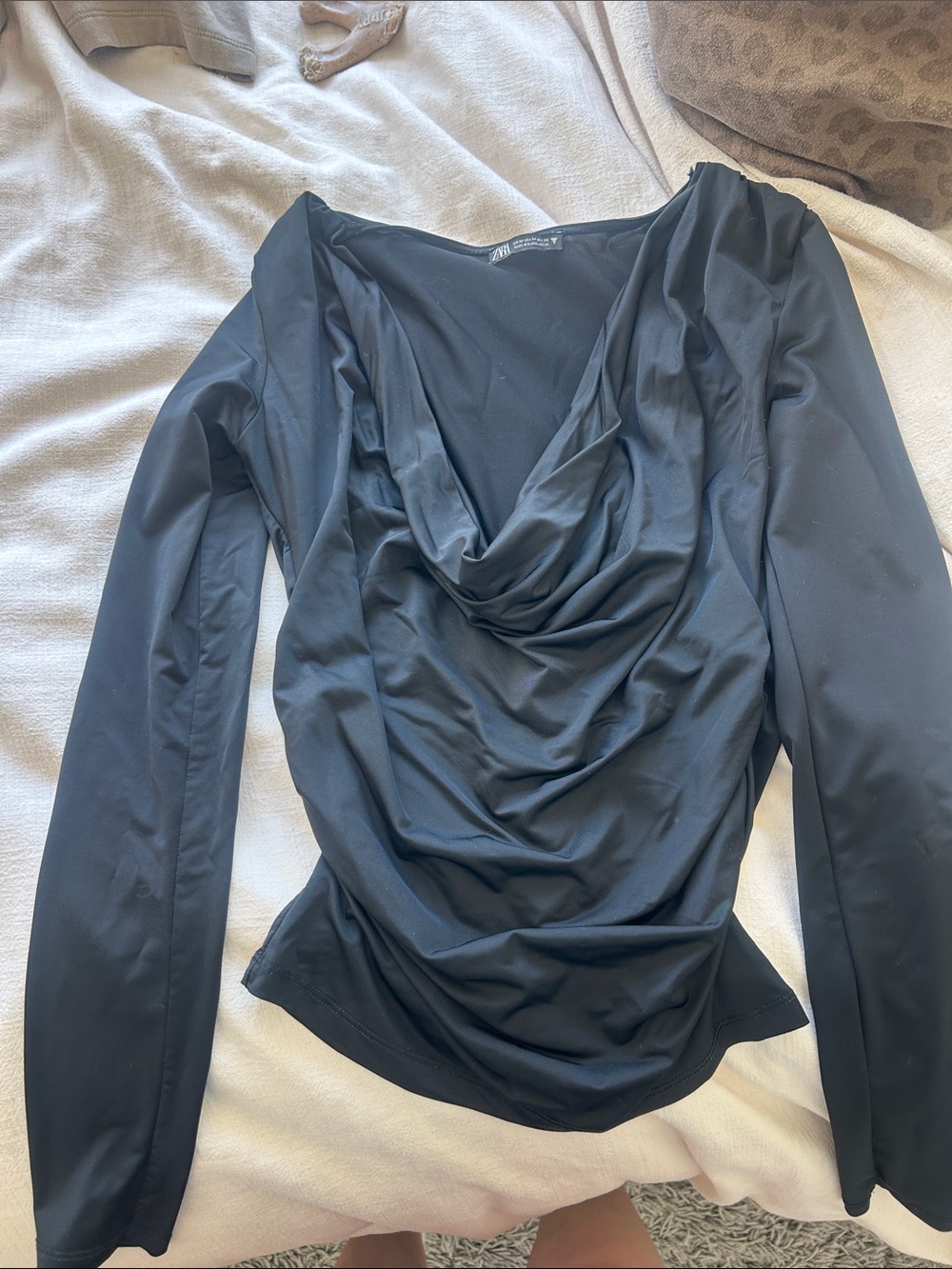 Zara Black Draped Cowl Neck Long Sleeve Top